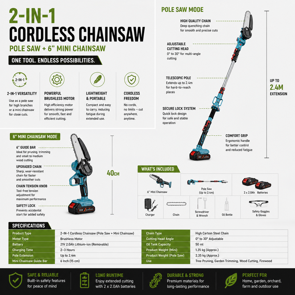 2 In 1 Cordless Chainsaw Pole