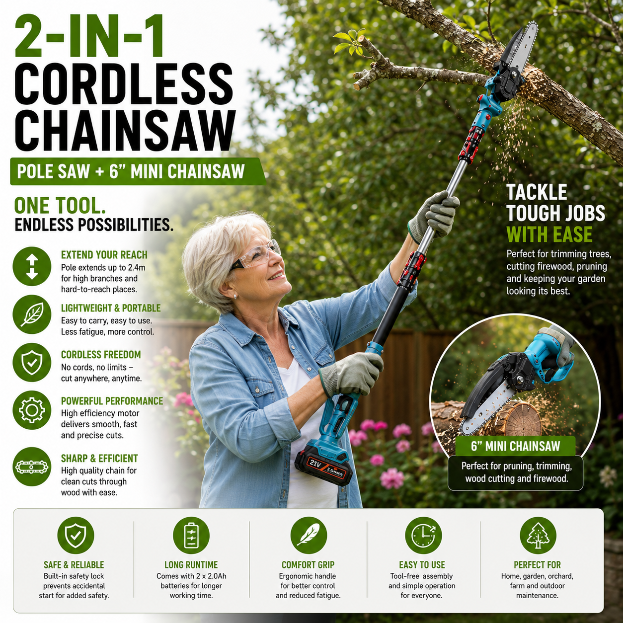 2 In 1 Cordless Chainsaw Pole